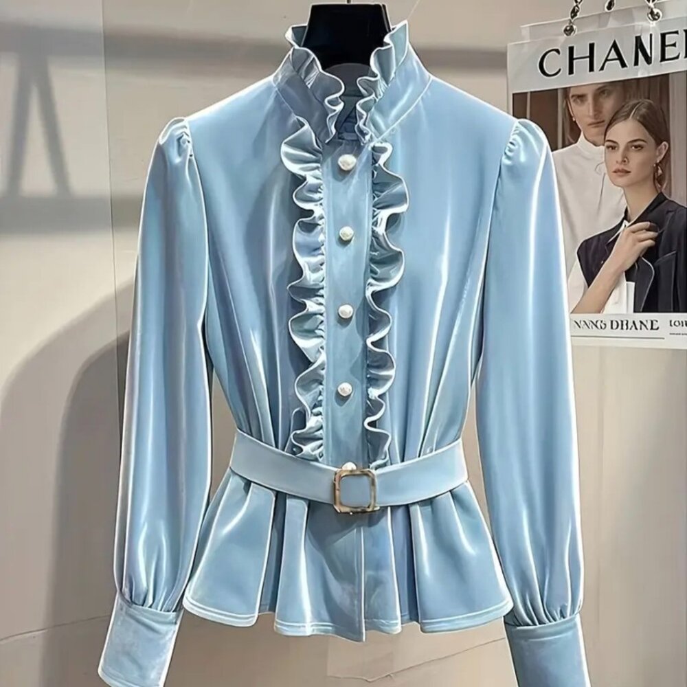 Elegant French-Inspired Velvet Blouse for Women - Chic Long Sleeve